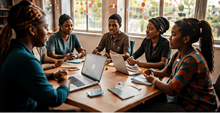 A group seated around a table with laptops during a programme design workshop