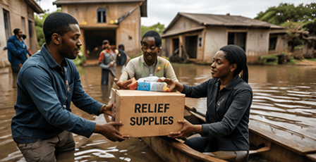 Volunteers handing a box of relief supplies across floodwater