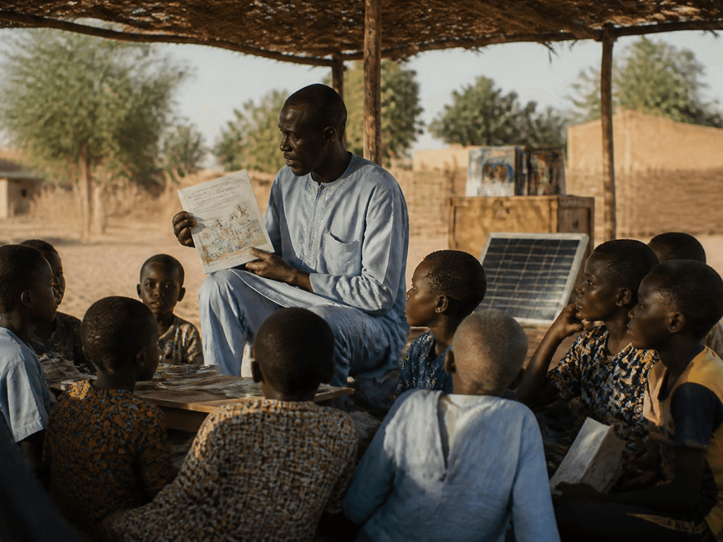 A facilitator reading aloud to children seated under a shade structure at a community learning session