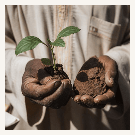 Cupped hands holding a seedling and a handful of soil