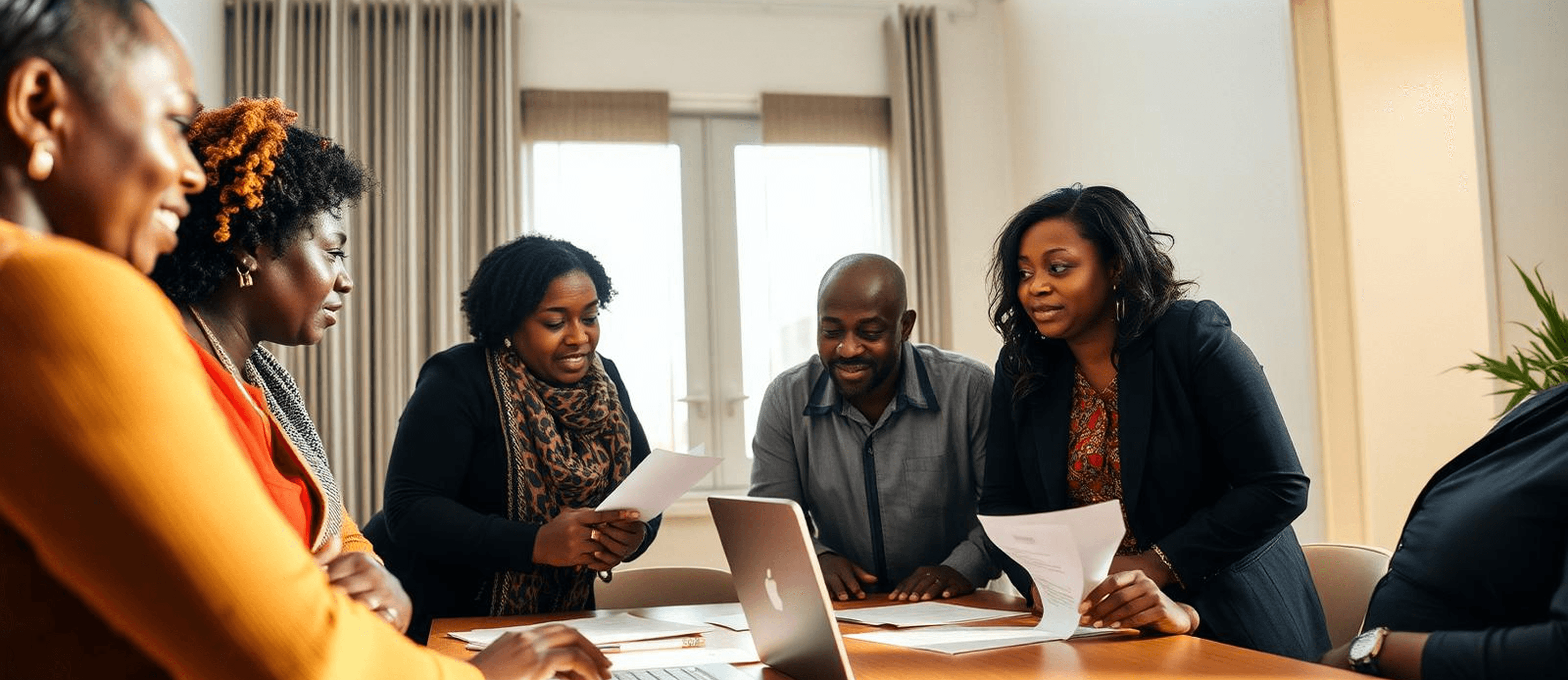 Programme team members reviewing documents together around a table during a planning session