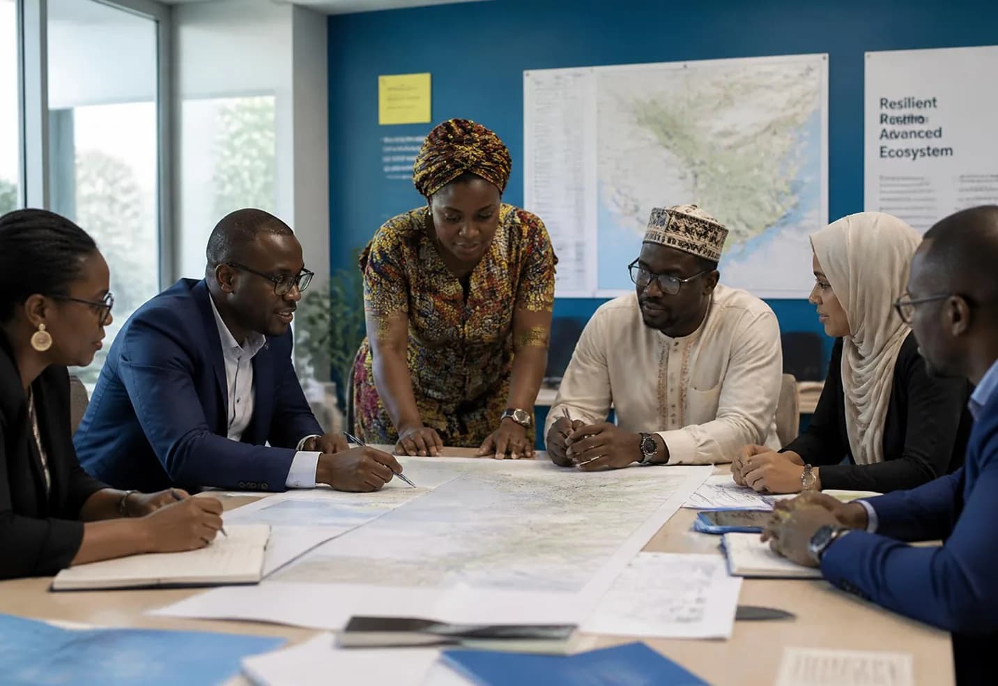 Community stakeholders planning together around a table of maps